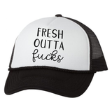 Fresh Outta Fucks Trucker Hat, White/Black - Karter Collection x MCE Apparel
