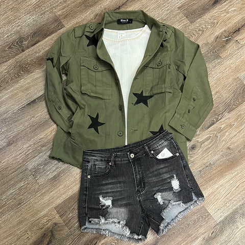 Washed Military Cargo Jacket w/Stars